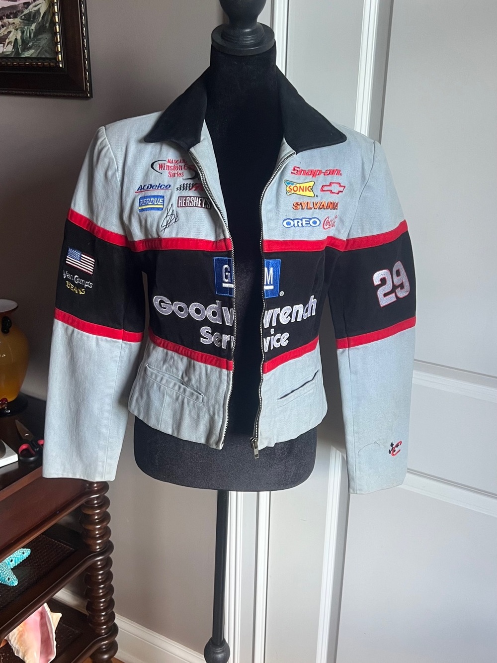 Vintage Goodwrench Women's Racing Bomber Jacket in Light Gray & Black